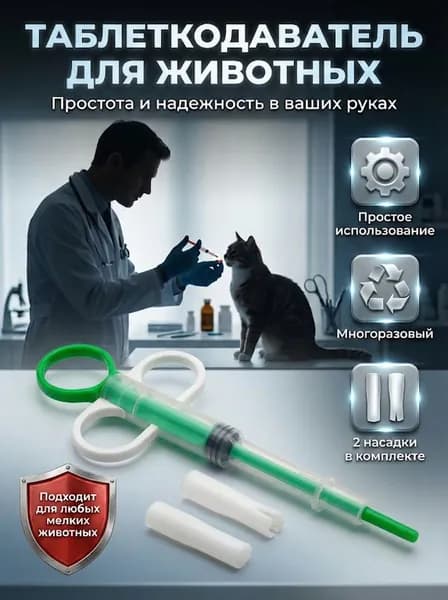 Таблеткодаватель для собак, кошек, других животных.Интродьюсер с двумя сменными насадками