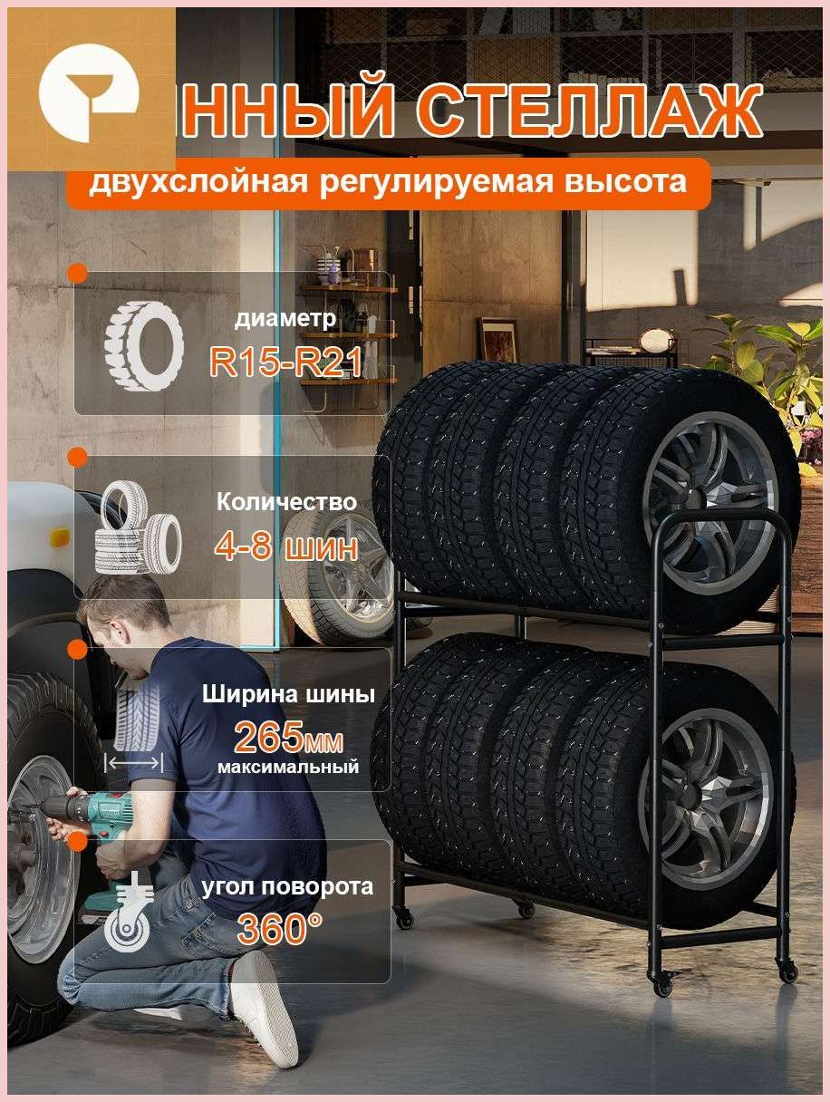 Металлический стеллаж для хранения колес BAOYOUNI (8 колес) стойка под шины и диски для гаража до 150 кг черный