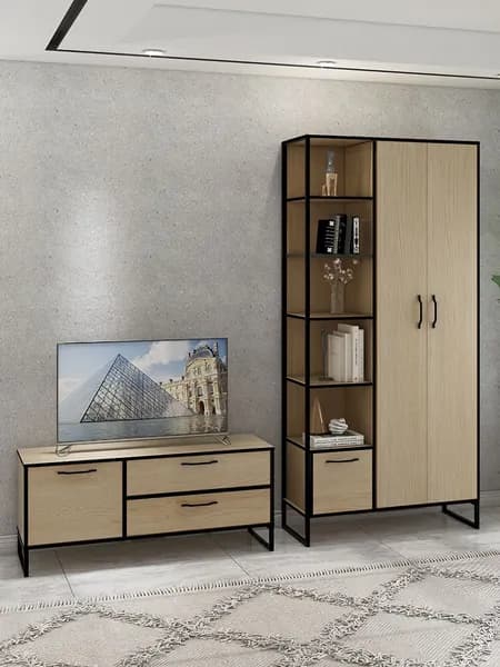 Гостиная комплект Виртон Макси ТВ-тумба, распашной шкаф, 215x40x200 см, Дуб Крафт золотой / Черный