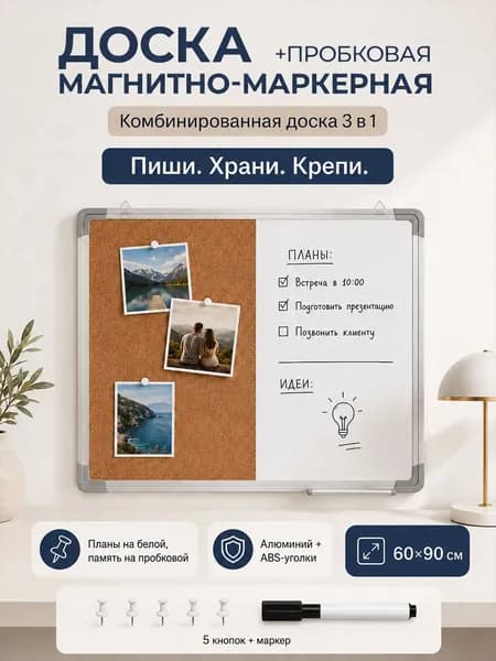 Доска комбинированная: магнитно-маркерная, пробковая на стену для объявлений, алюминиевая/металлическая рамка, двусторонняя, настенный монтаж + аксессуары (булавки 5 шт + маркер 1 шт)60*90cm