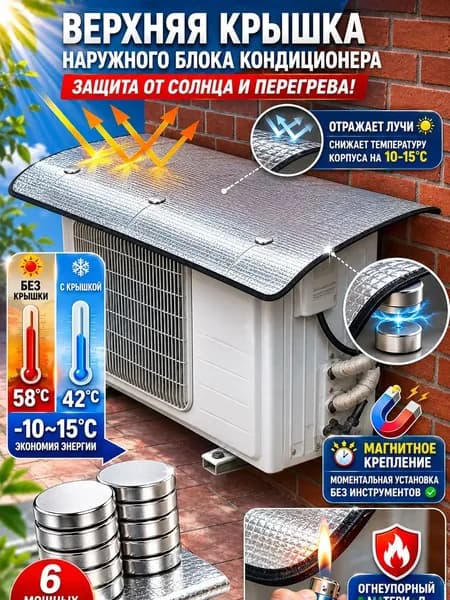 Солнцезащитный козырек, верхняя крышка наружного блока кондиционера - защитный чехол экран для сплит-системы на магнитах, отражатель от солнца и дождя.