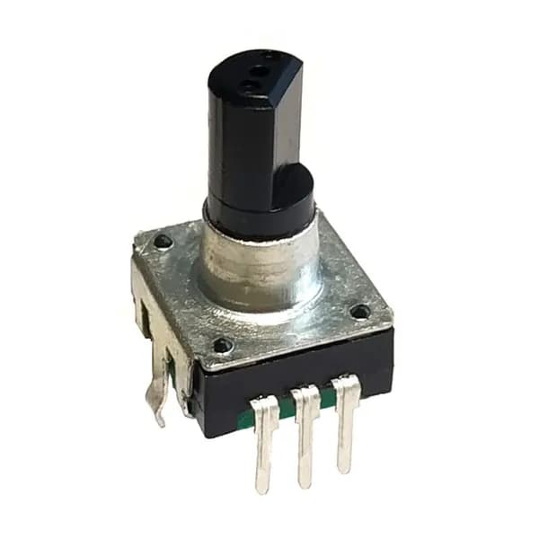 EC12E 24 15mm pushpin, Энкодер с кнопкой без щелчков (!), 24 импульса на оборот, вал с лыской d6х15мм, контакты 5В/10мА, инкрементальный, цифровой