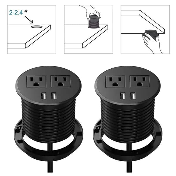 Встраиваемая круглая розетка стандарта NEMA с двумя розетками, двумя USB-портом и поворотным креплением, чёрная