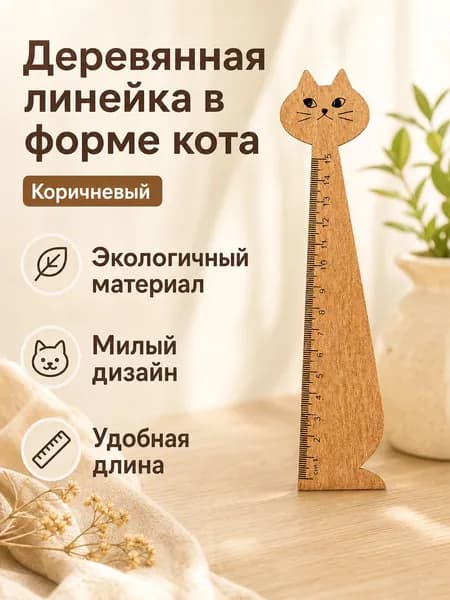 Линейка деревянная фигурная в форме кота, коричневый цвет, длина 15 см