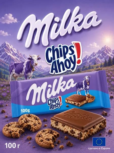 Milka, Молочный шоколад с кусочками печенья, 100 г, Chips Ahoy!