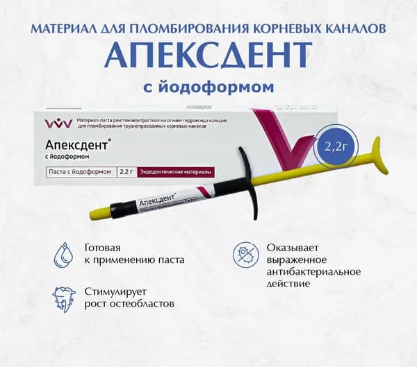 Паста Апексдент с йодоформом для пломбирования труднопроходимых каналов / ВладМиВа (1 шприц * 2,2гр)