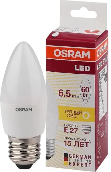 1 шт - Лампа светодиодная Osram 6.5Вт, 550Лм, 3000К, 230В, свеча (215247)