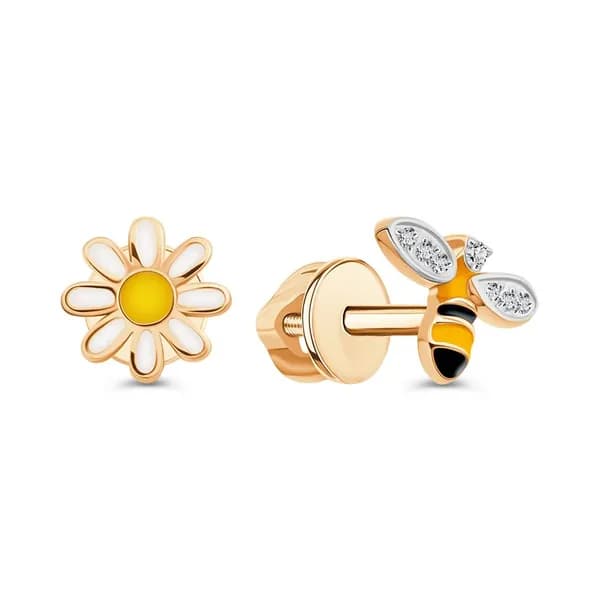 Серьги Пчелка женские с фианитами из красного золота 375 пробы 585GOLD