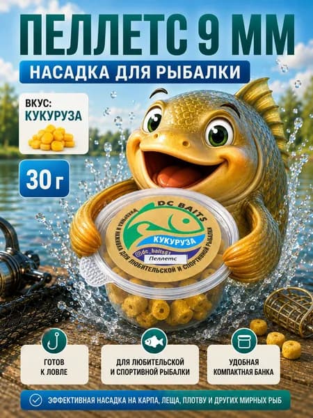 Пеллетс для рыбалки PC Baits, 9 мм, Кукуруза - насадка на крючок для карпа, карася, леща, 30 г