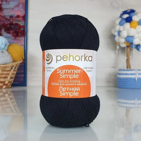 Пряжа Летняя Simple Пехорка - 02 (черный) - 1 моток, 60% хлопок, 40% полиэстер, (100г, 500м) нитки для ручного вязания