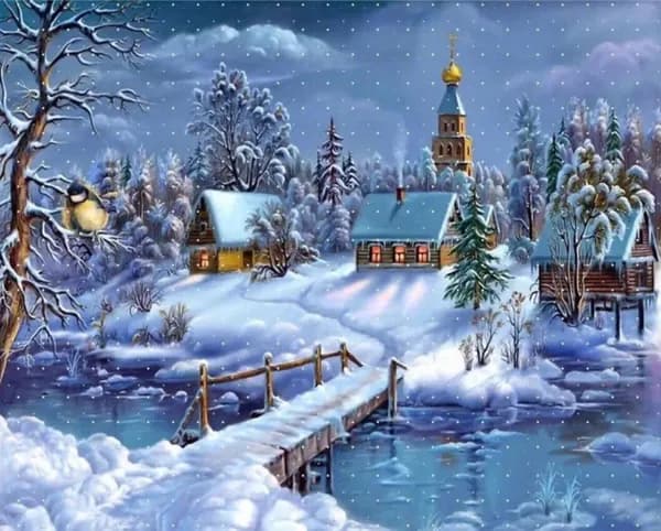 5D Алмазная Картина, Круглый Бриллиант, 30x40 см Зимняя деревня с домиками