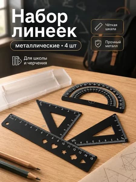 Школьный набор линеек , транспортир, треугольники 45 и 30 , металлический, синий