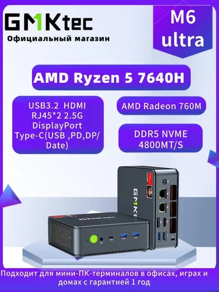 GMKtec Мини-ПК M6 Ultra (AMD Ryzen 5 7640HS, RAM Отсутствует, AMD Radeon 760M, Без ОС)