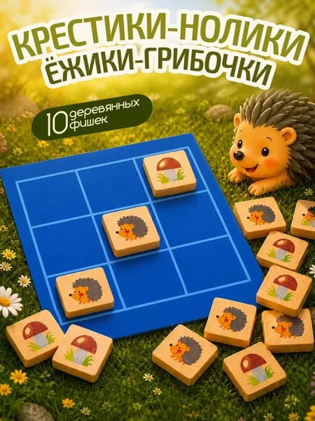 Настольная игра для детей "Крестики-нолики. Ёжики-Грибочки" деревянные фишки ( детская логическая головоломка, крестики против ноликов) Десятое королевство