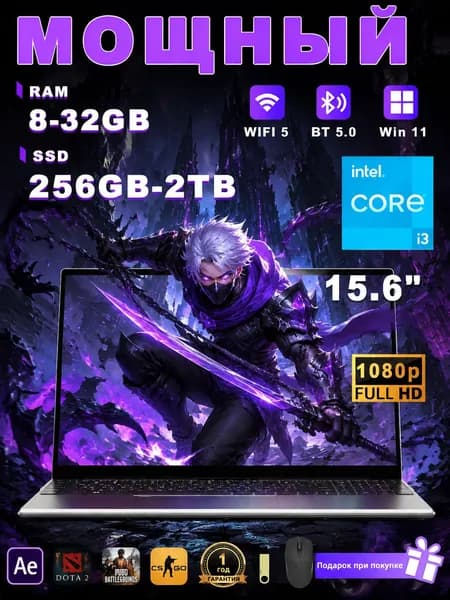 NICEBOOK i3-6006U-w11 Игровой ноутбук 15.6", Intel Core i3-6006U, RAM 16 ГБ, SSD 256 ГБ, Intel HD Graphics 520, Windows Pro, серебристый, Русская раскладка