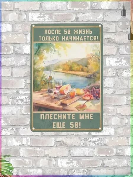 Табличка после 50 жизнь только начинается, плесните мне еще 50, прикол, металл, 20х30 см
