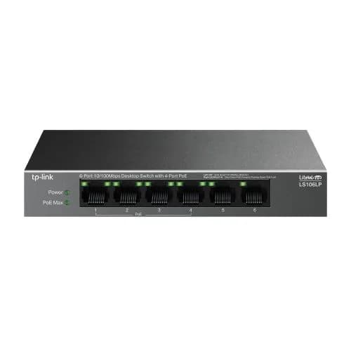 TP-LINK LS106LP, Green Tech, 6 портов, мегабит, 4 порта PoE 41 Вт, металлический корпус, неуправляемый, настольный коммутатор