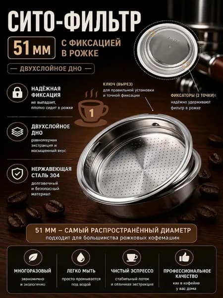 Фильтр / сито / сетка 51 мм двухслойный - MAX с выпуклыми точками для рожковой кофеварки. Порция - на одну чашку, универсальный для Vitek, Redmond, Polaris, Delonghi и других брендов