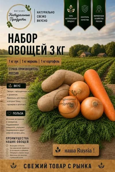 Набор овощей: картофель, лук, морковь, по 1 кг, РФ для борща и супов