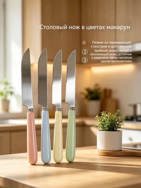 Столовые ножи из нержавеющей стали с цветными керамическими ручками, набор из четырёх штук