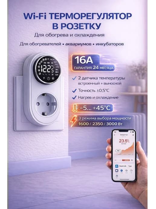 Терморегулятор для обогревателя, радиатора в розетку Wi-FI