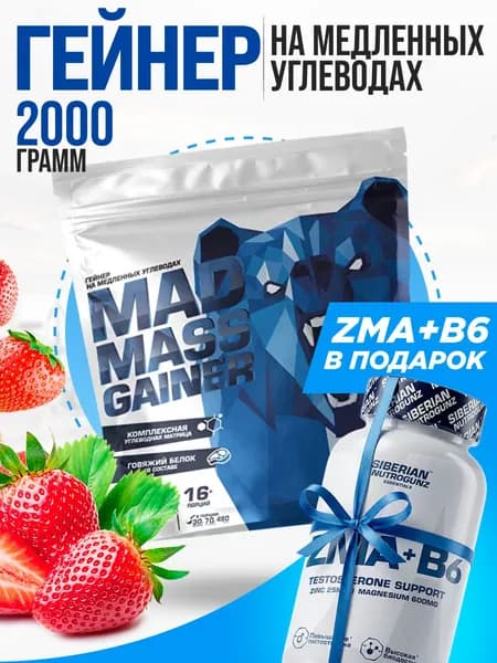 Гейнер Siberian Nutrogunz Mad Mass Gainer 2 кг вкус клубника и ZMA тестобустер