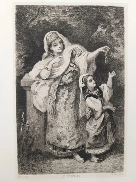 Гравюра "Браслет" Художник. Диаз де ла Пенья Нарсис (Нарсис Виржиль) (1807-1876) 1870(?). Изображение 22х14 см. Паспарту 39х29 см