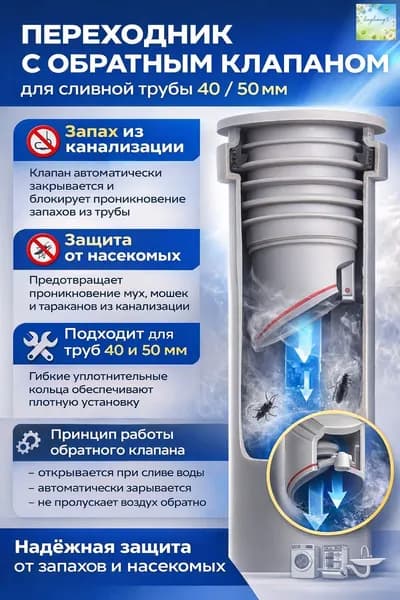 Обратный клапан для канализации 40,50 мм под раковину, переходник для сифона и гофры, антизапах, защита от насекомых