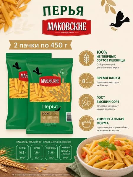 Макароны Перья 2шт по 450г