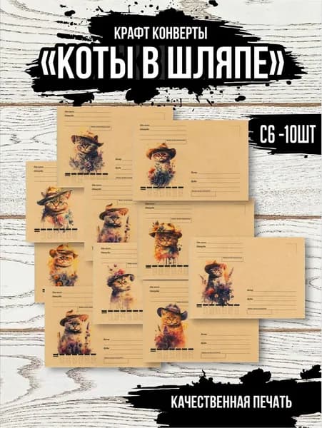 Почтовые крафт конверты "Коты в шляпе" 10 шт. С6