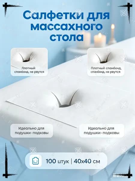 Одноразовые салфетки для лица с отверстием 40х40, 100 шт - чехлы для массажного стола, расходные материалы для косметолога и спа.
