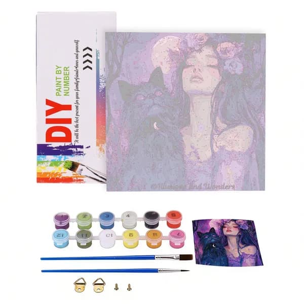 Цифровая живопись Moon Purple Witch Лунная ведьма с чёрной кошкой и девушкой, 40 40 см, без рамки