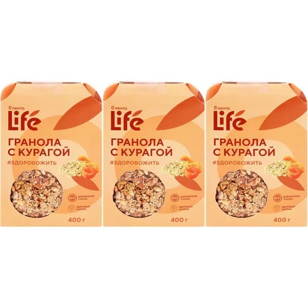 Гранола Лента Life овсяная с курагой без сахара 400 г, набор: 3 штуки