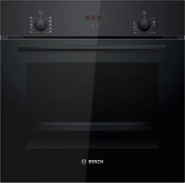 Bosch HBF512BB1T Serie 2, духовой шкаф, черный, класс энергоэффективности А, 7 режимов, 3-х слойное остекление, LED-дисплей, утапливаемые переключатели, галогенное освещение, проволочные направляющие,