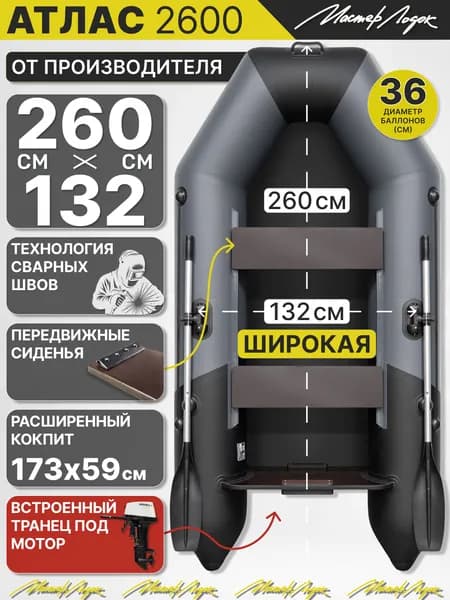Лодка ПВХ под мотор надувная АТЛАС 2600 графит-чёрный Мастер Лодок