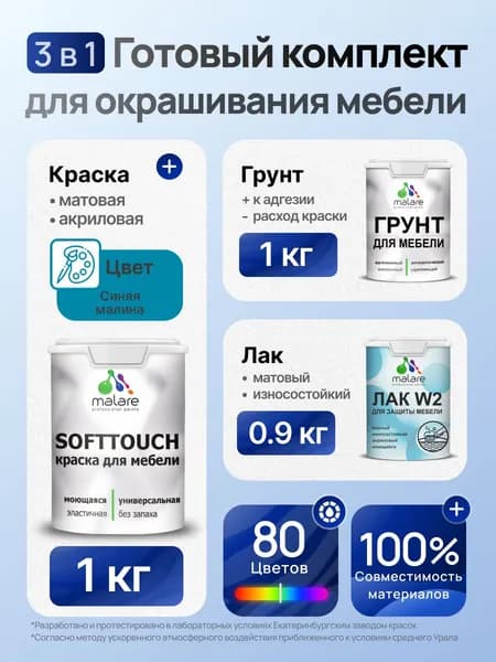 Комплект Malare SoftTouch для окрашивания мебели (1кг грунт + 1 кг краска + 0.9кг лак), акриловый, без запаха, быстросохнущий, матовый, цвет синяя малина
