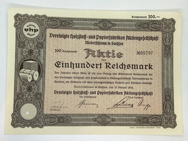 Акция Германия. Бумажная фабрика, 100 рейхсмарок 1934 №50