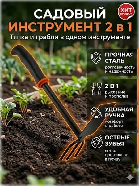 Садовый инструмент 2в1 тяпка и грабли ручные