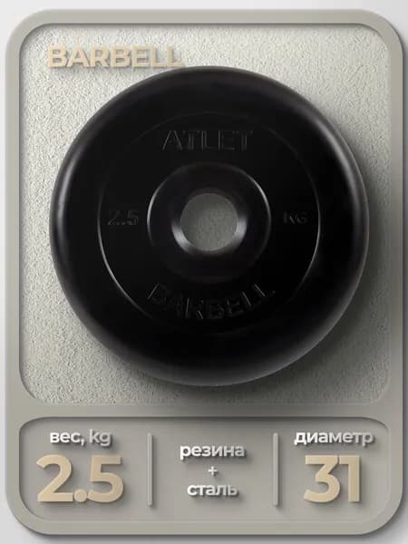 Диск обрезиненный для гантелей и штанги 31 мм 2,5 кг Barbell Atlet, черный