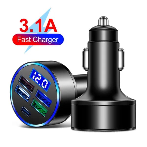 5-портовое авто ЗУ с LED-дисплеем, 15,5 Вт, 4 USB + Type-C