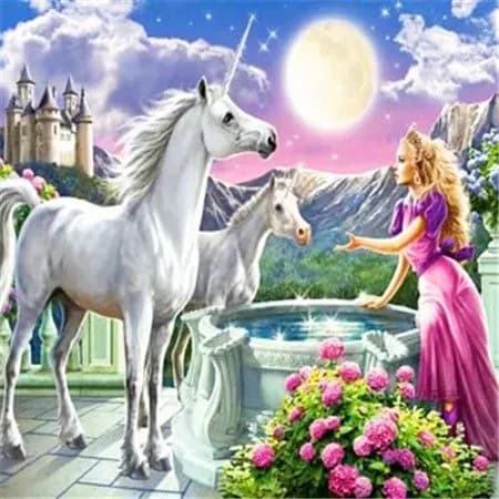 Алмазная мозаика картина стразами Девушка с единорогами/Размер холста 30х30 см/Размер картинки 25х25 см