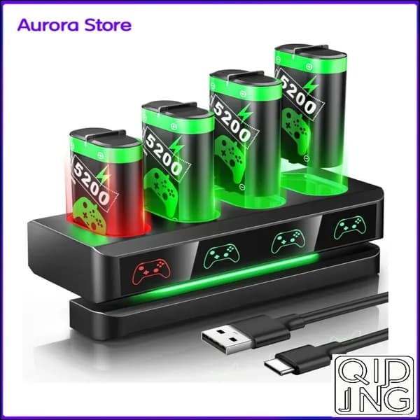 4 аккумулятора + зарядная база для Xbox One/Series X/S , 5200 mWh , Комплект для геймпада , Быстрая зарядка ,Чёрные