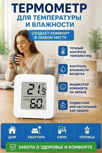 Мини электронный термометр-гигрометр, можно поставить и повесить, для дома, белый