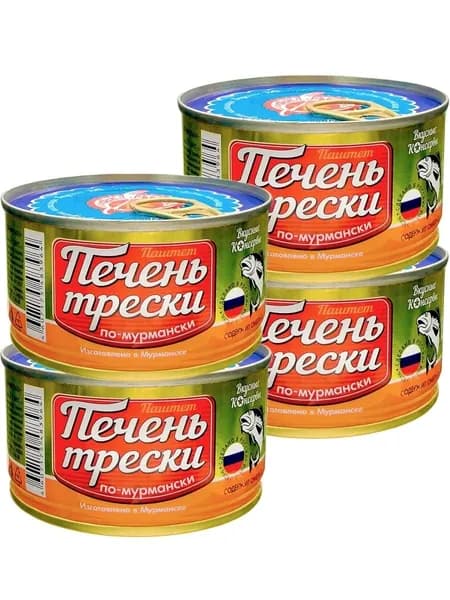 Паштет Печень трески по-мурмански, 185 г - 4 шт, Консервы рыбные "Вкусные консервы"