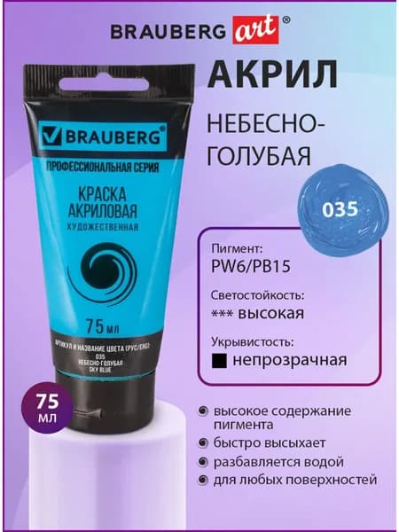 Краска акриловая художественная профессиональная для рисования и творчества, туба 75мл, небесно-голубая, Brauberg ART Classic