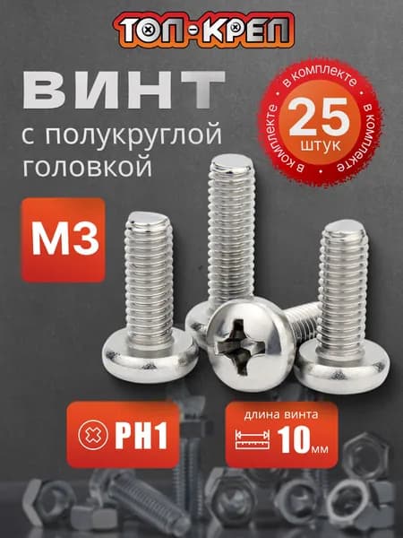 Винт с полукруглой головкой, М3*10мм, 25 шт
