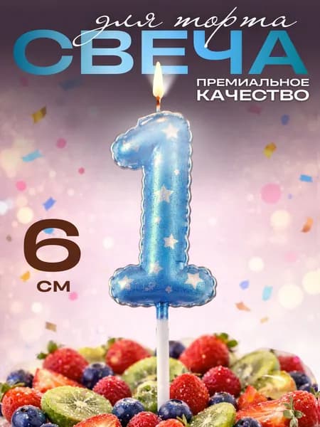 Свечи для торта цифры, свеча цифра 1, в виде шара, цвет голубой