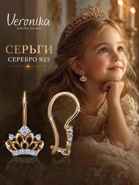 Серьги детские серебро 925 позолоченное Корона с фианитами на французском замке Veronika jewelry factory