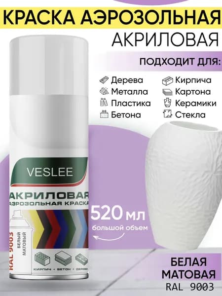 Veslee Аэрозольная краска Быстросохнущая, Гладкая, до 45°, Акриловая, Матовое покрытие, 0.520 л, 0.385 кг, белый, белый матовый