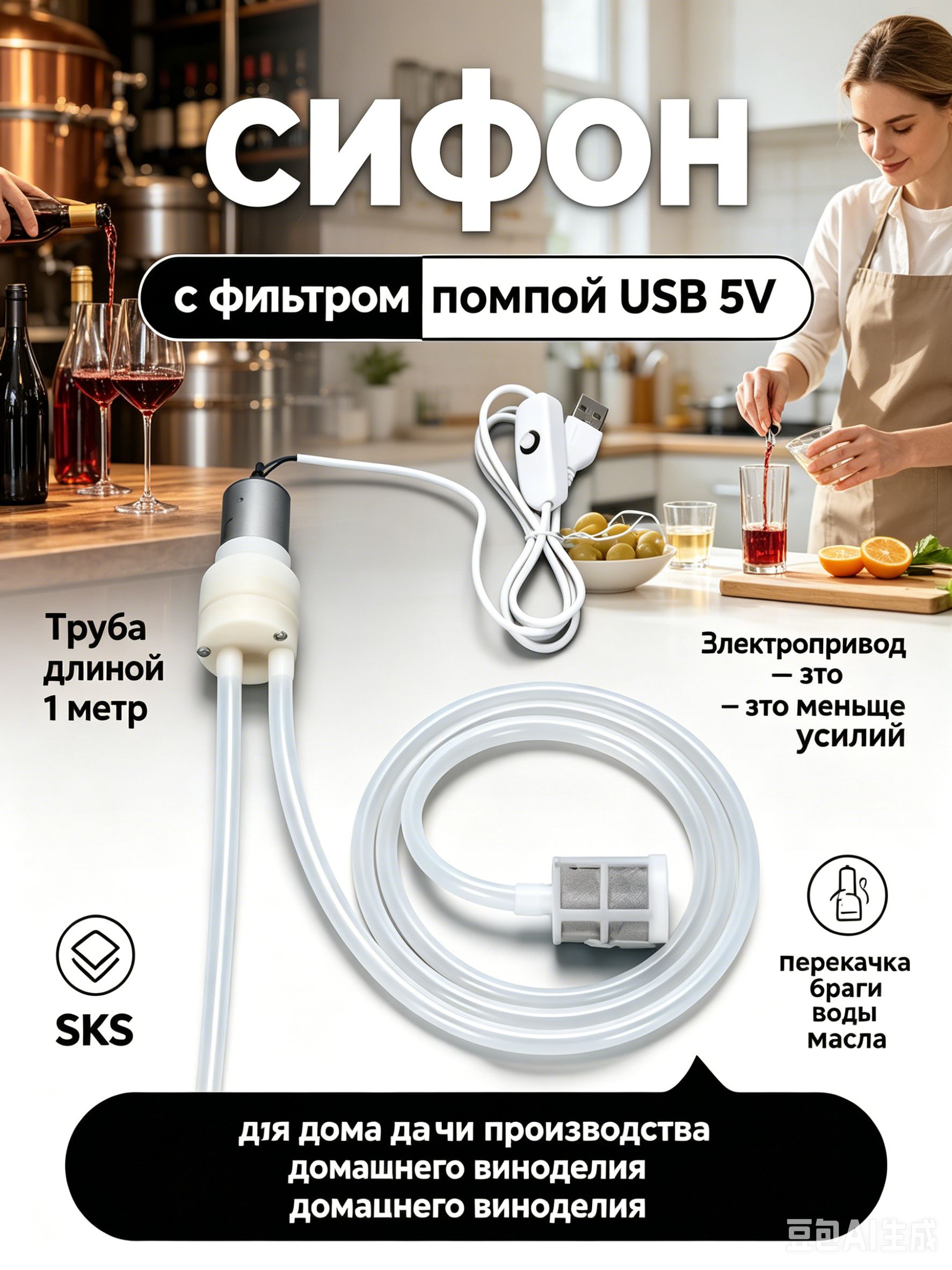 Сифон переливной с фильтром и помпой для перекачки браги, вина и других жидкостей